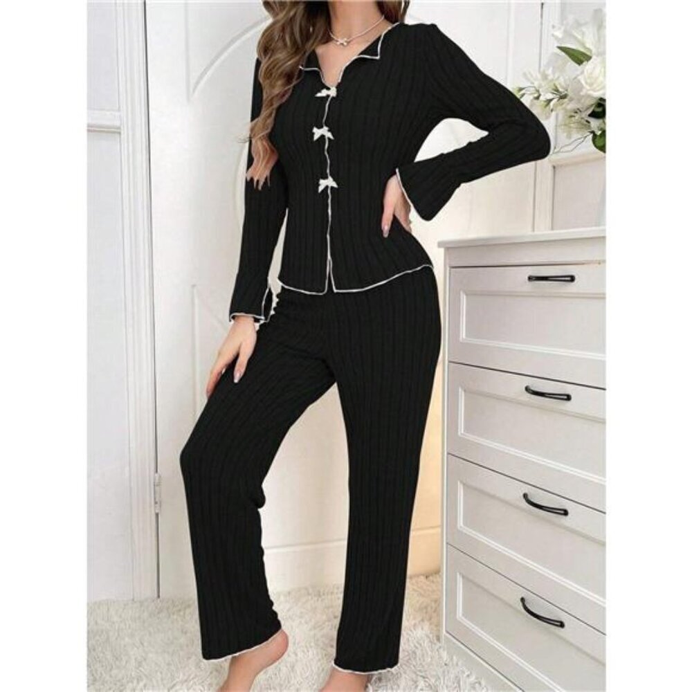 Ribbed Bow Front Top and Pants Lounge Set